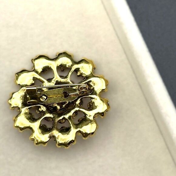 Yellow Gold with Light and Dark Pink Sapphire Crystal Flower Pin Back Brooch - Picture 6 of 7